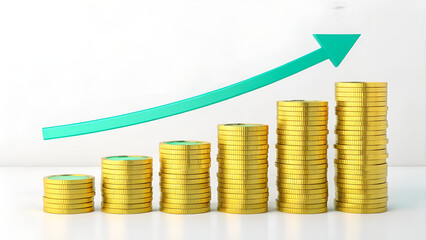 Stacks of gold coins with a green arrow indicating growth on a white background in a studio shot