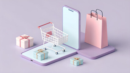 Isometric view of online shopping concept with phone gifts cart and shopping bag on purple background