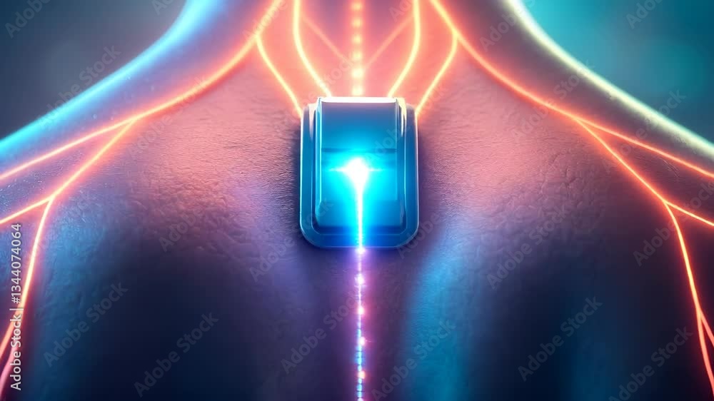 Poster futuristic neural interface technology human back, glowing with vibrant lines and intricate pathways