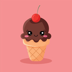 Cute chocolate cherry ice cream cone in kawaii style with a happy smiling face. Perfect for sweet, playful designs and chocolate lovers. Vector illustration.
