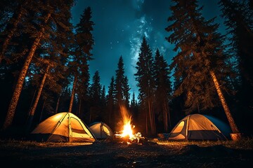 Camping scene at night showing tents and a campfire surrounded by trees