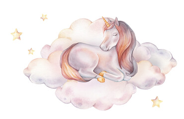 Watercolor hand drawn illustration of the Unicorn sitting on clouds with stars. Cute rainbow color horse for Baby shower invitations or nursery wall art. Pastel Fantasy pony for kids greeting cards.