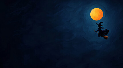 whimsical Halloween scene featuring witch flying on broomstick under bright full moon, evoking sense of magic and adventure