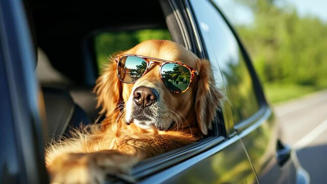Golden retriever enjoys a sunny drive with sunglasses on a beautiful day