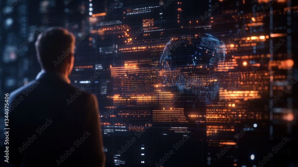 Aufkleber a businessman in suit standing before digital display of skull-shaped globe representing cybersecuri