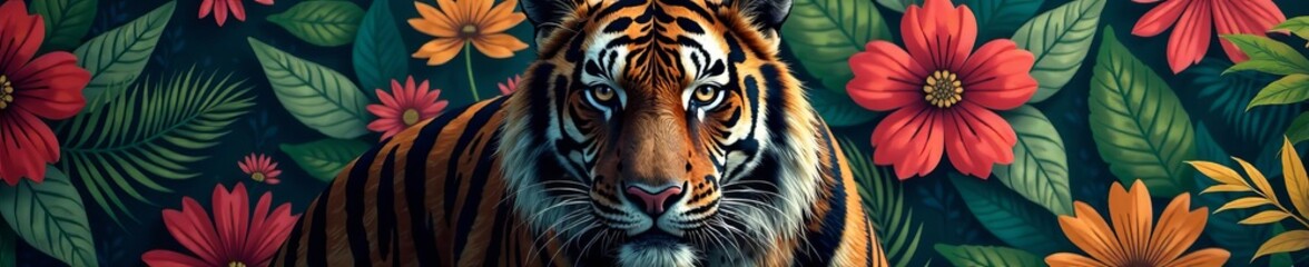 Fototapeta premium A majestic tiger surrounded by vibrant flowers and lush greenery.