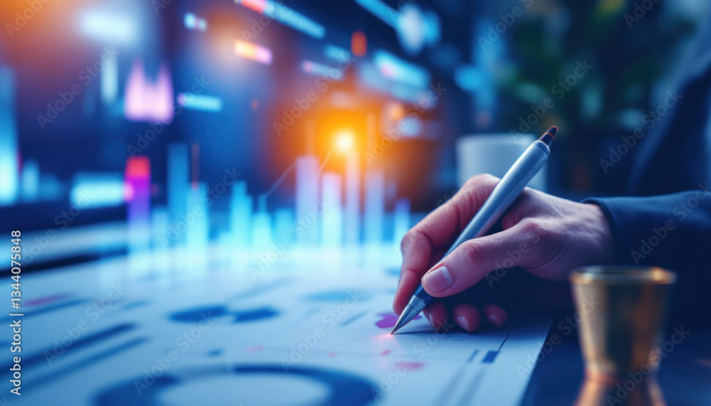 Poster analyzing financial data: a close-up of a hand writing on charts and graphs with a pen, against a ba