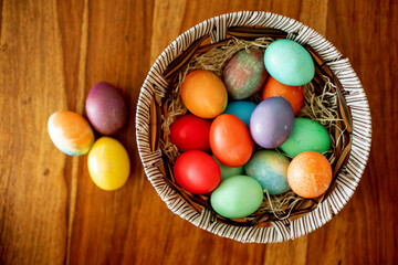 Colorful Easter eggs in a basket