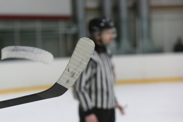A hockey stick in the foreground, with scenes of a hockey match in the background
