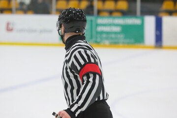 The referee at a hockey match controls the game. View from the back