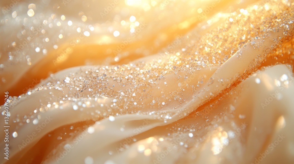 Poster soft, shimmering fabric glistens under a warm golden light, enhancing the exquisite detailing and te