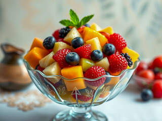 The image features a vibrant and refreshing fruit salad served in a decorative bowl. 