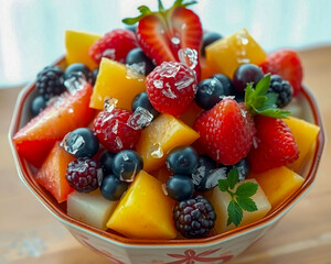 The image features a vibrant and refreshing fruit salad served in a decorative bowl. 