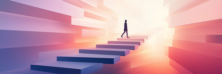 Minimalist digital illustration of a silhouette figure walking on floating steps in an ascending curve.