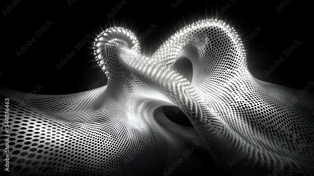 Poster dynamic abstract 3d composition of intertwined shaping forms in monochrome texture