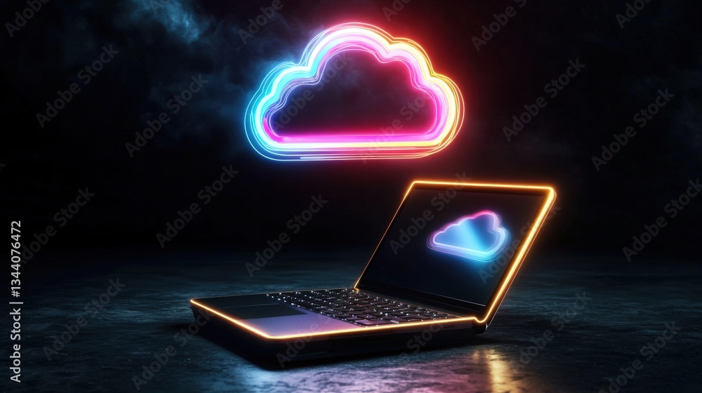 Poster glowing neon cloud icon floating above a laptop screen with a matching smaller cloud icon, set again