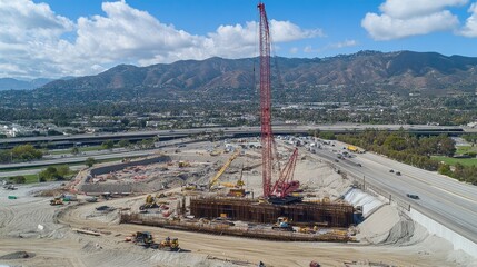 A construction crane working alongside other machinery on a major construction project.
