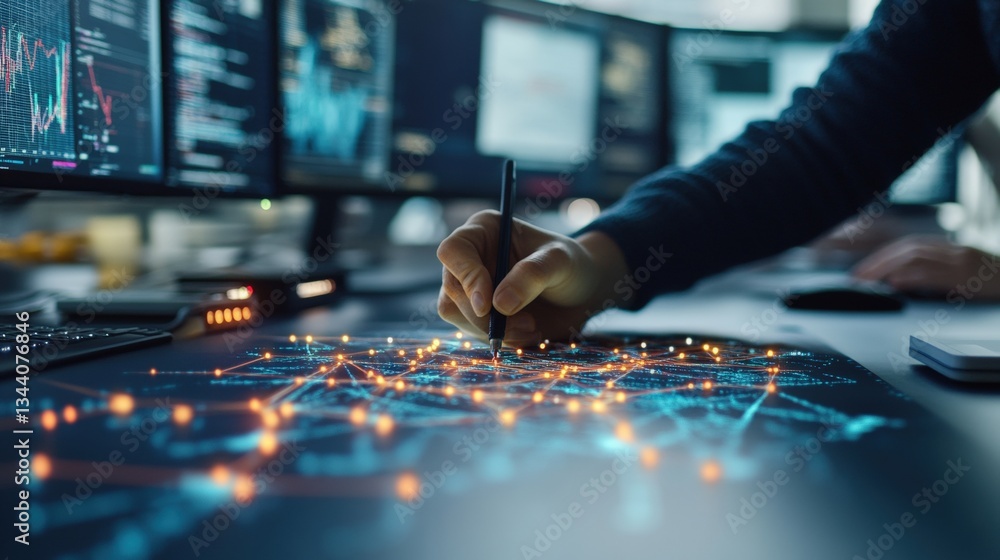 Aufkleber Close-up of a hand using a stylus to interact with a holographic network projection displayed on a desk with multiple data monitors in the background