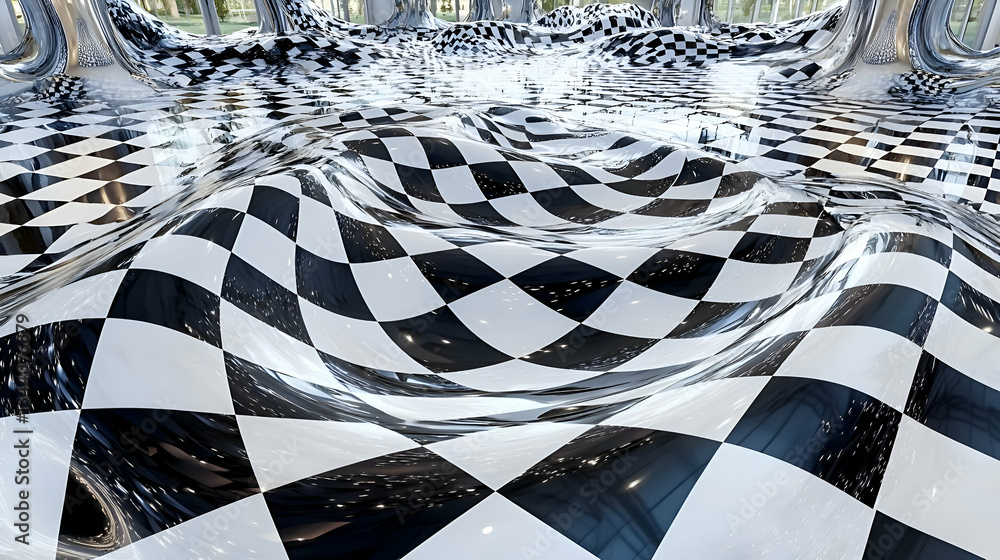 Poster dynamic abstract black waves flowing elegantly against a dark background with intricate patterns