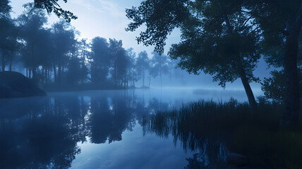 Fototapeta premium Misty forest lake at dawn with calm water and silhouetted trees