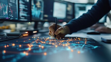 Close-up of a hand using a stylus to interact with a holographic network projection displayed on a desk with multiple data monitors in the background
