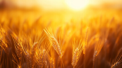 Golden wheat field at sunset with warm sunlight and blurred background.