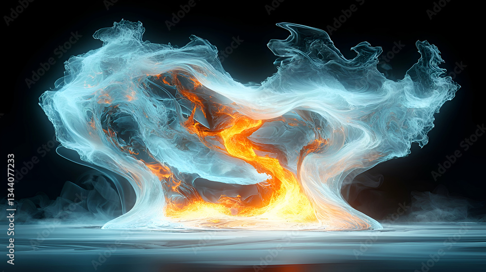 Poster dynamic abstract composition of fire and water elements in vibrant glow and motion