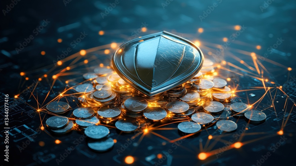Poster metallic shield on glowing coins with circuit board texture symbolizing security, technology, wealth