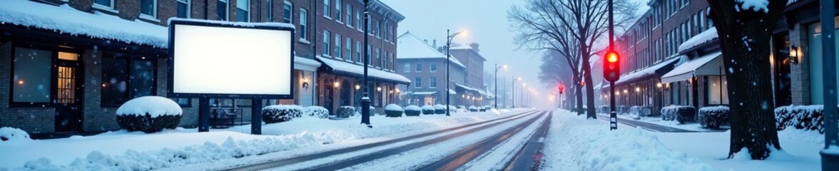 A serene snow-covered street scene with a red traffic light and empty sidewalks.