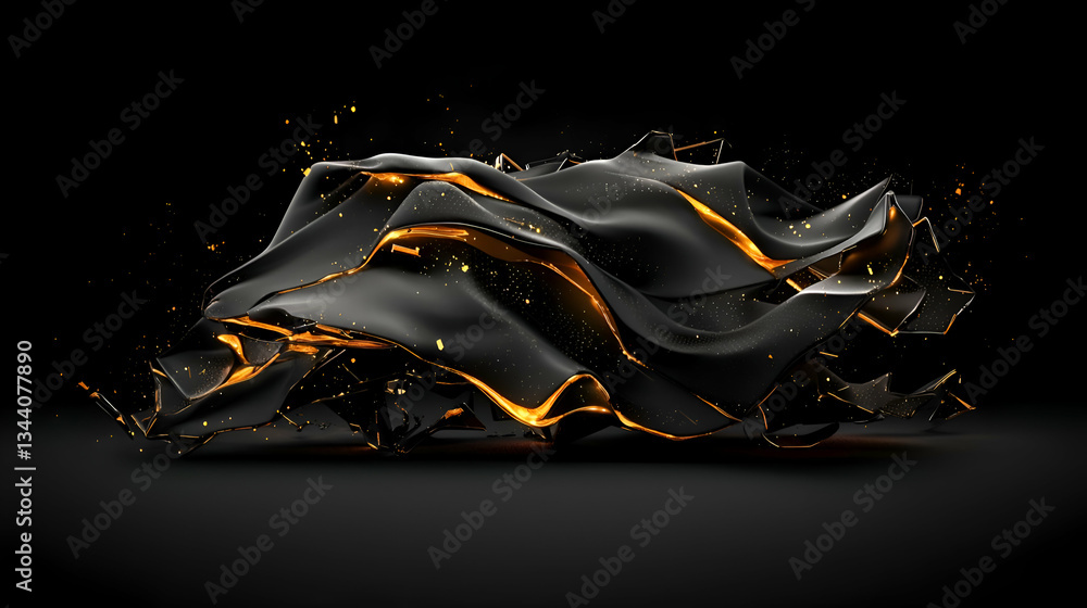 Poster dynamic abstract design of fluid black waves with glowing orange highlights on dark background