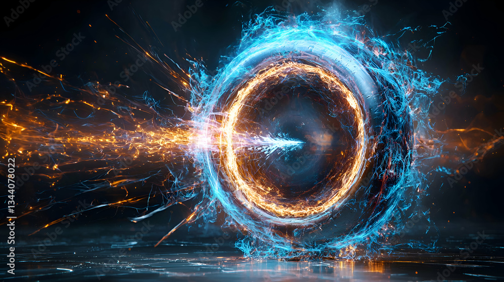 Poster dynamic abstract energy sphere with colorful light effects and sparks representing technology