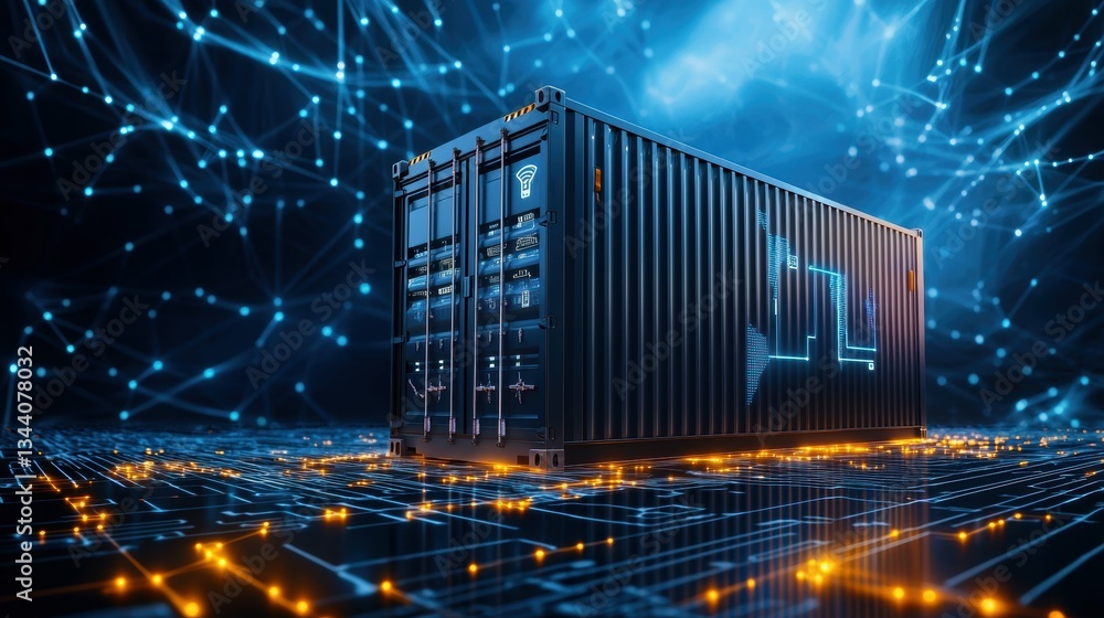 Poster smart container iot sensors for real-time tracking in industry high-tech environment futuristic view
