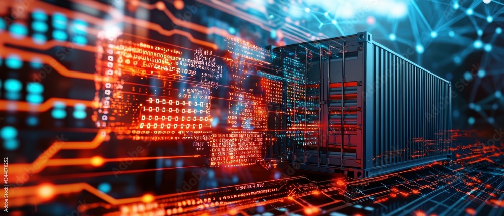 Poster smart contract visualization of container technology in a digital environment futuristic concept sce