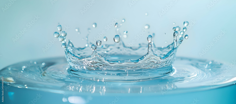 Poster water splashing on glass, with clear water droplets floating in the air and creating circular ripple