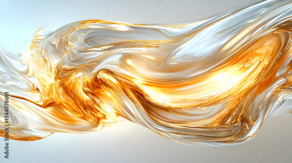 Poster dynamic abstract fluid texture with golden and white waves full of light and movement