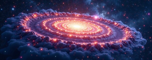A stunning spiral galaxy illuminated by vibrant cosmic colors and swirling gas clouds.