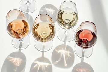 Wine Glasses Casting Shadows in Bright Sunlight on White Table