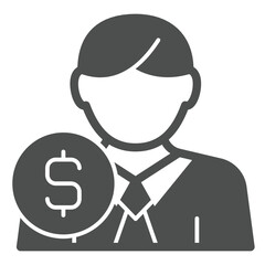 Manager employee man with coin solid icon, financial advice concept. Vector graphics. Human with dollar sign on white background, glyph style icon for mobile or web design.
