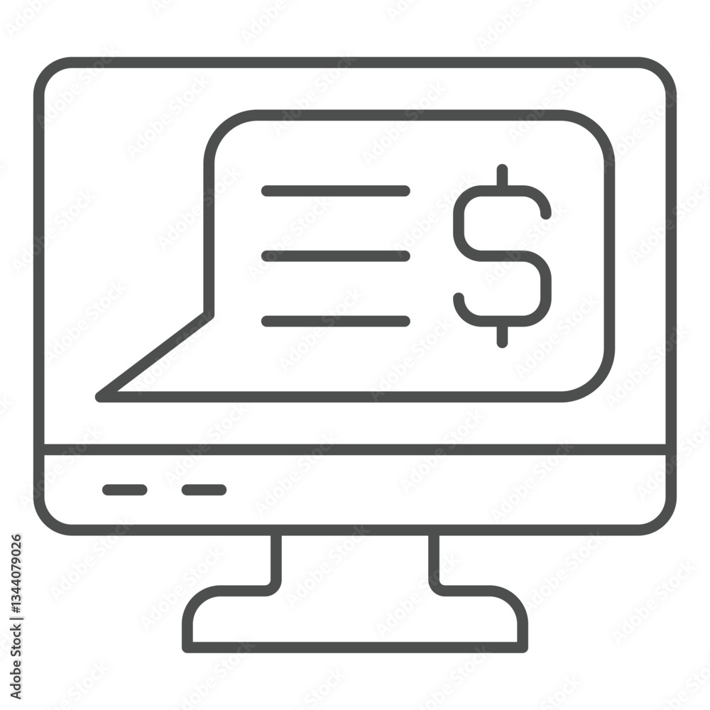 Poster dollar message at monitor screen thin line icon, financial advice concept. vector graphics. money ma