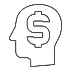 Fototapeta premium Man head with huge dollar thin line icon, financial advice concept. Vector graphics. Money maker mind, human brain sign on white background, outline style icon for mobile or web design.