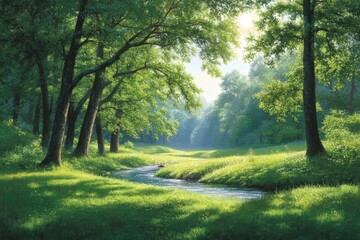 Obraz premium A serene landscape featuring lush green trees beside a winding stream, illuminated by soft sunlight filtering through the foliage.
