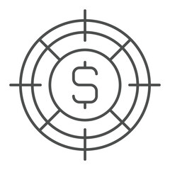 Dollar coin with target pointer thin line icon, financial advice concept. Vector graphics. Money income target audience sign on white background, outline style icon for mobile or web design.