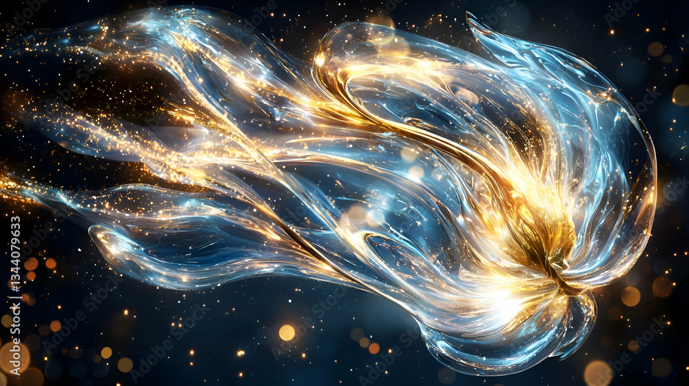 Poster dynamic abstract swirl of light and energy in blues and golds on dark background for modern design