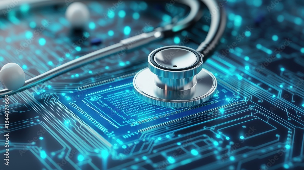 Poster close-up of a stethoscope on a computer circuit board, showcasing the fusion of healthcare and techn