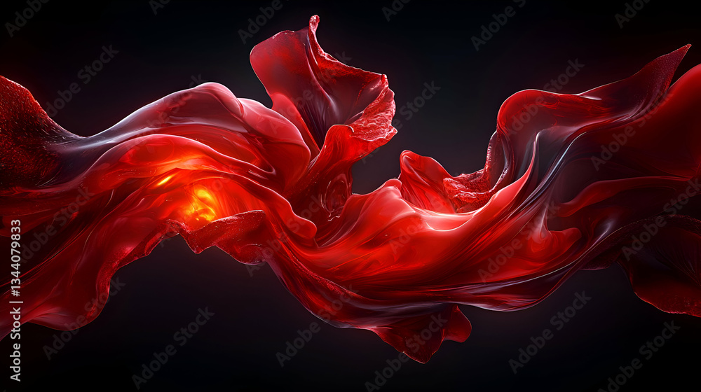 Poster dynamic abstract visualization of flowing red fabric with light effects on a dark background