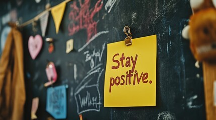 Colorful chalkboard filled with notes and drawings, featuring a motivational sticky note urging positivity