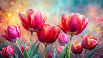 Fototapeta premium Long Exposure Watercolor Tulips: Red & Pink Floral Elegance, Artistic Splash Background