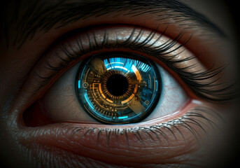 Futuristic close-up of a human eye with cybernetic enhancements, glowing elements, and high-tech details. Conceptual vision of transhumanism and technology.