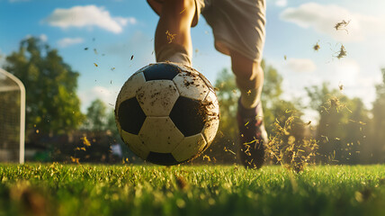 Soccer player kicking ball on grassy field with dirt flying in action shot