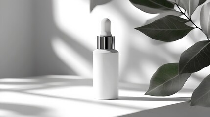 A bottle of perfume is sitting on a table next to a leafy green plant